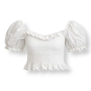 Jacqui E White Smocked Crop Top with Puff Sleeves and Ruffle Edge